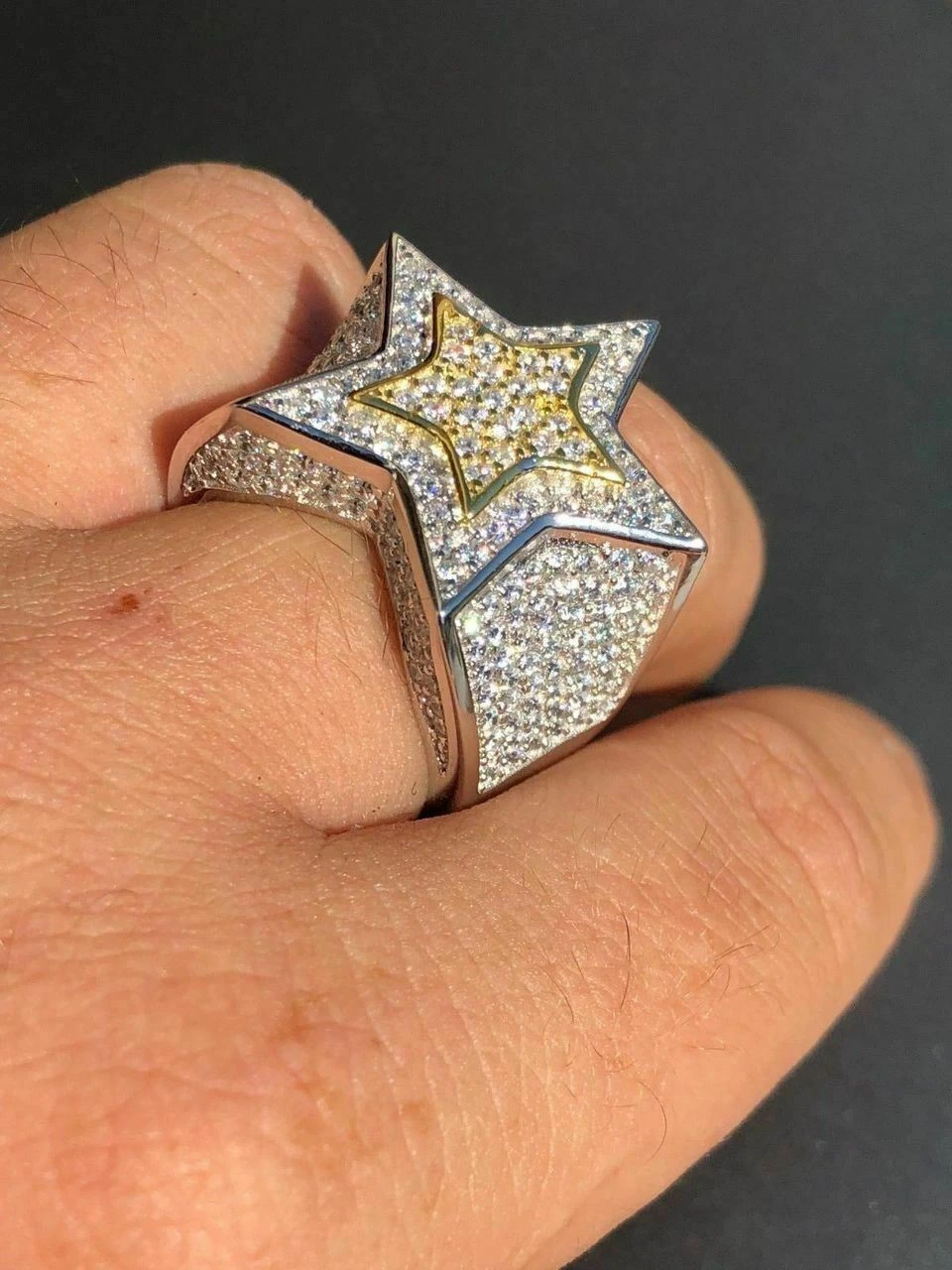 Men's Hip Hop 3D STAR Solid 14k Gold & 925 Silver Diamond Pinky RING Real Icy! 7 Men's Hip Hop 3D STAR Solid 14k Gold & 925 Silver Diamond Pinky RING Real Icy! - Image 5
