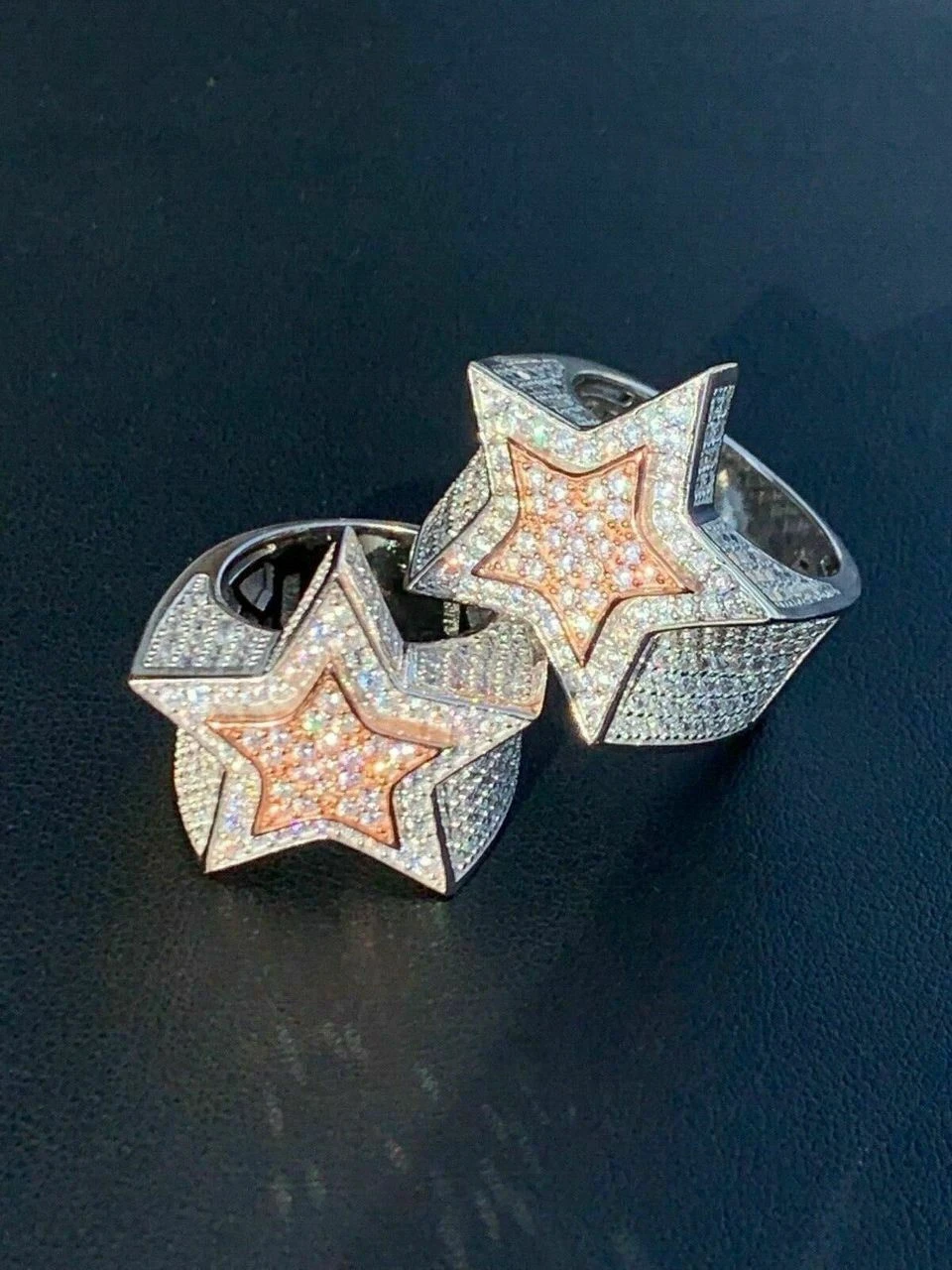 Men's Hip Hop 3D STAR Solid Rose Gold & 925 Silver Diamond Pinky RING Real Icy! 4 Men's Hip Hop 3D STAR Solid Rose Gold & 925 Silver Diamond Pinky RING Real Icy! - Image 2