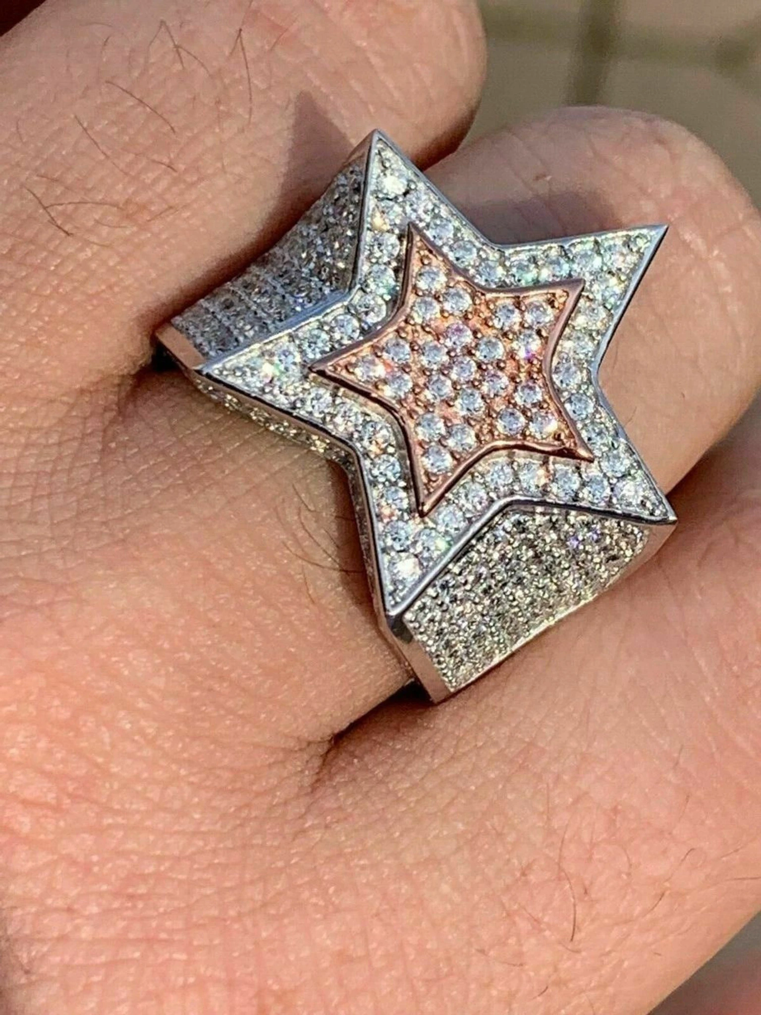 Men's Hip Hop 3D STAR Solid Rose Gold & 925 Silver Diamond Pinky RING Real Icy! 3 Men's Hip Hop 3D STAR Solid Rose Gold & 925 Silver Diamond Pinky RING Real Icy!