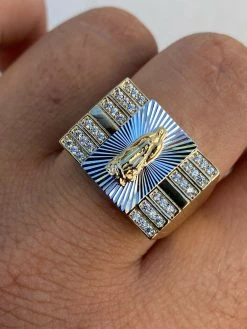 Mens Hip Hop Real 14k Yellow Gold Over Solid 925 Silver Virgin Mary Ring Iced -Harlem Bling Shop harlembling mens hip hop real 14k yellow gold over solid 925 silver virgin mary ring iced 50212.1664399642