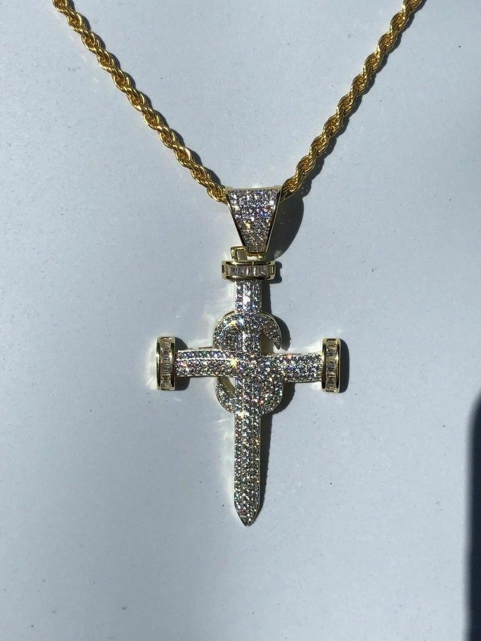 Mens HIP HOP Solid 925 Silver Super Iced Diamond Nail Cross 2" Pendant 14k Gold 7 Mens HIP HOP Solid 925 Silver Super Iced Diamond Nail Cross 2" Pendant 14k Gold - Image 5