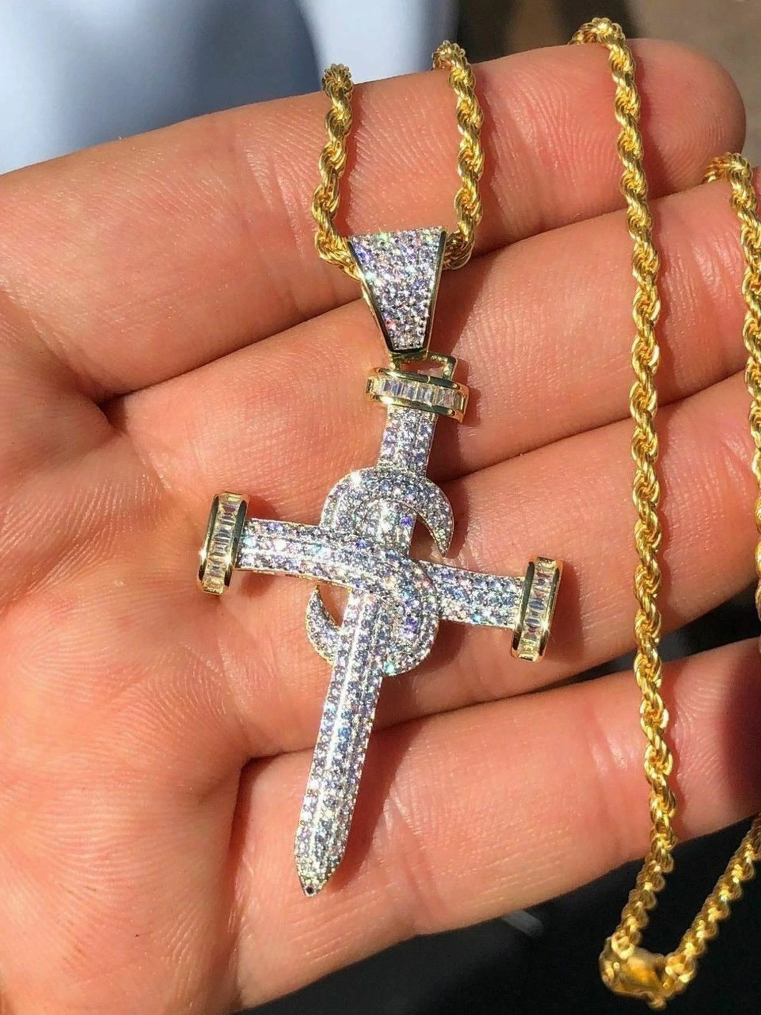 Mens HIP HOP Solid 925 Silver Super Iced Diamond Nail Cross 2" Pendant 14k Gold 3 Mens HIP HOP Solid 925 Silver Super Iced Diamond Nail Cross 2" Pendant 14k Gold