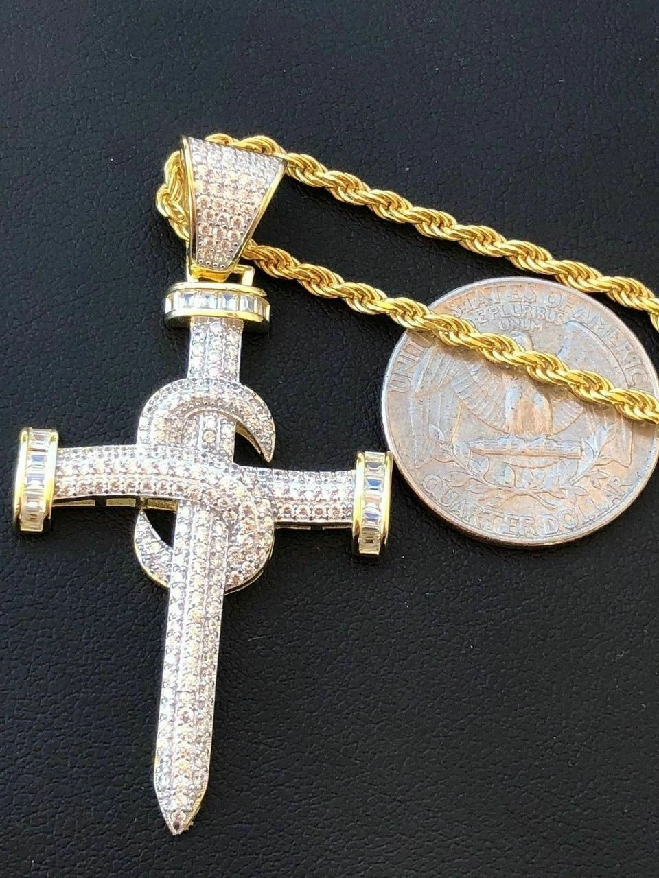 Mens HIP HOP Solid 925 Silver Super Iced Diamond Nail Cross 2" Pendant 14k Gold 5 Mens HIP HOP Solid 925 Silver Super Iced Diamond Nail Cross 2" Pendant 14k Gold - Image 3