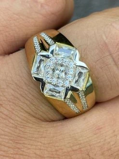 Men's Iced 14k Gold & Real Solid 925 Silver Diamond RING Size 6 7 8 9 10 11 12