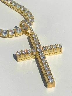 Men's Iced 14k Gold Over Real Solid 925 Silver Tennis Cross ICY Diamond W. Chain