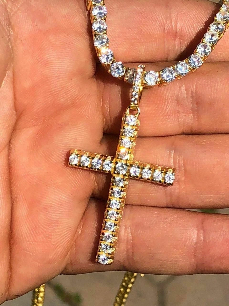 Men's Iced 14k Gold Over Real Solid 925 Silver Tennis Cross ICY Diamond W. Chain 11 Men's Iced 14k Gold Over Real Solid 925 Silver Tennis Cross ICY Diamond W. Chain - Image 9