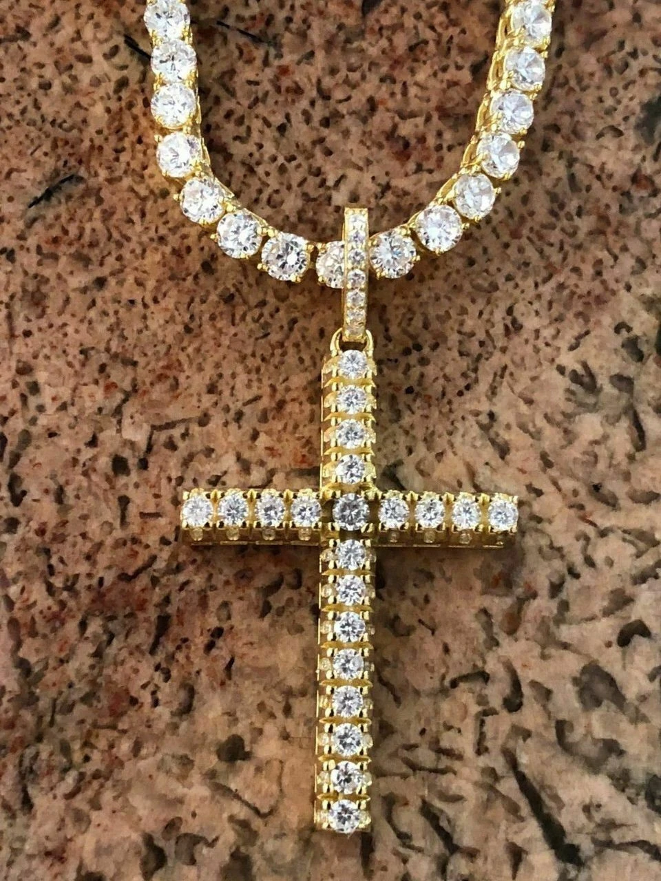 Men's Iced 14k Gold Over Real Solid 925 Silver Tennis Cross ICY Diamond W. Chain 4 Men's Iced 14k Gold Over Real Solid 925 Silver Tennis Cross ICY Diamond W. Chain - Image 2