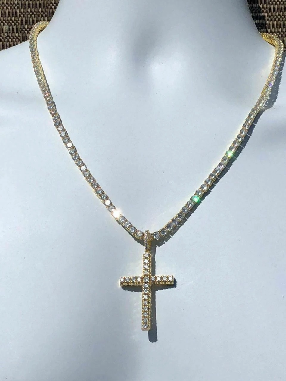 Men's Iced 14k Gold Over Real Solid 925 Silver Tennis Cross ICY Diamond W. Chain 8 Men's Iced 14k Gold Over Real Solid 925 Silver Tennis Cross ICY Diamond W. Chain - Image 6
