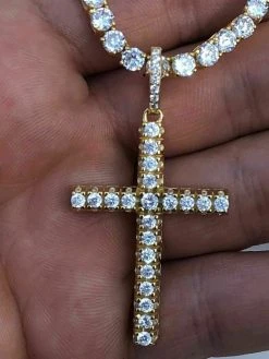 Men's Iced 14k Gold Over Real Solid 925 Silver Tennis Cross ICY Diamond W. Chain 25 Men's Iced 14k Gold Over Real Solid 925 Silver Tennis Cross ICY Diamond W. Chain -Harlem Bling Shop harlembling mens iced 14k gold over real solid 925 silver tennis cross icy diamond w chain 98967.1664381418