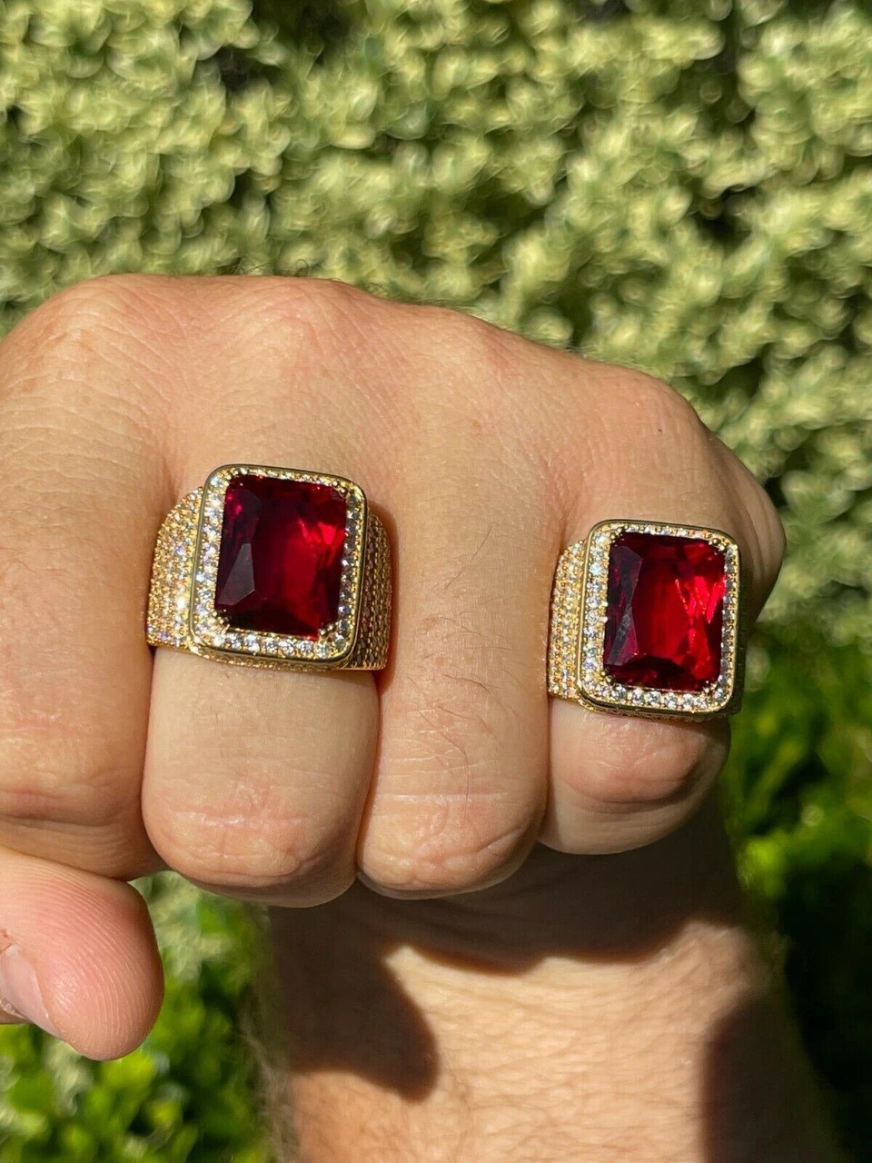 Mens Iced Diamond 14k Gold Vermeil Out Real 925 Silver Ruby Red Stone Big Ring 5 Mens Iced Diamond 14k Gold Vermeil Out Real 925 Silver Ruby Red Stone Big Ring - Image 3