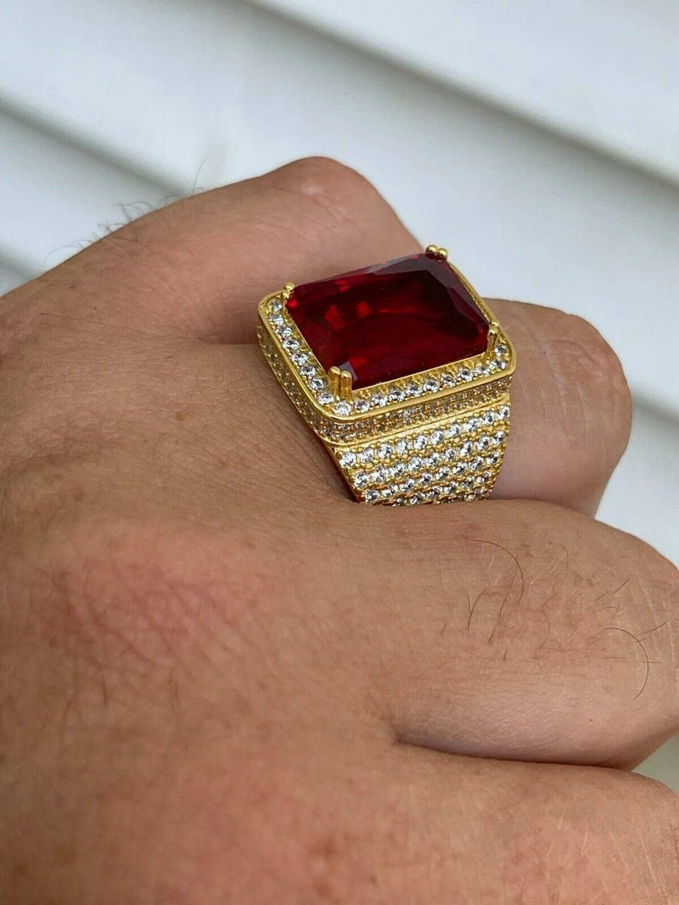 Mens Iced Diamond 14k Gold Vermeil Out Real 925 Silver Ruby Red Stone Big Ring 8 Mens Iced Diamond 14k Gold Vermeil Out Real 925 Silver Ruby Red Stone Big Ring - Image 6
