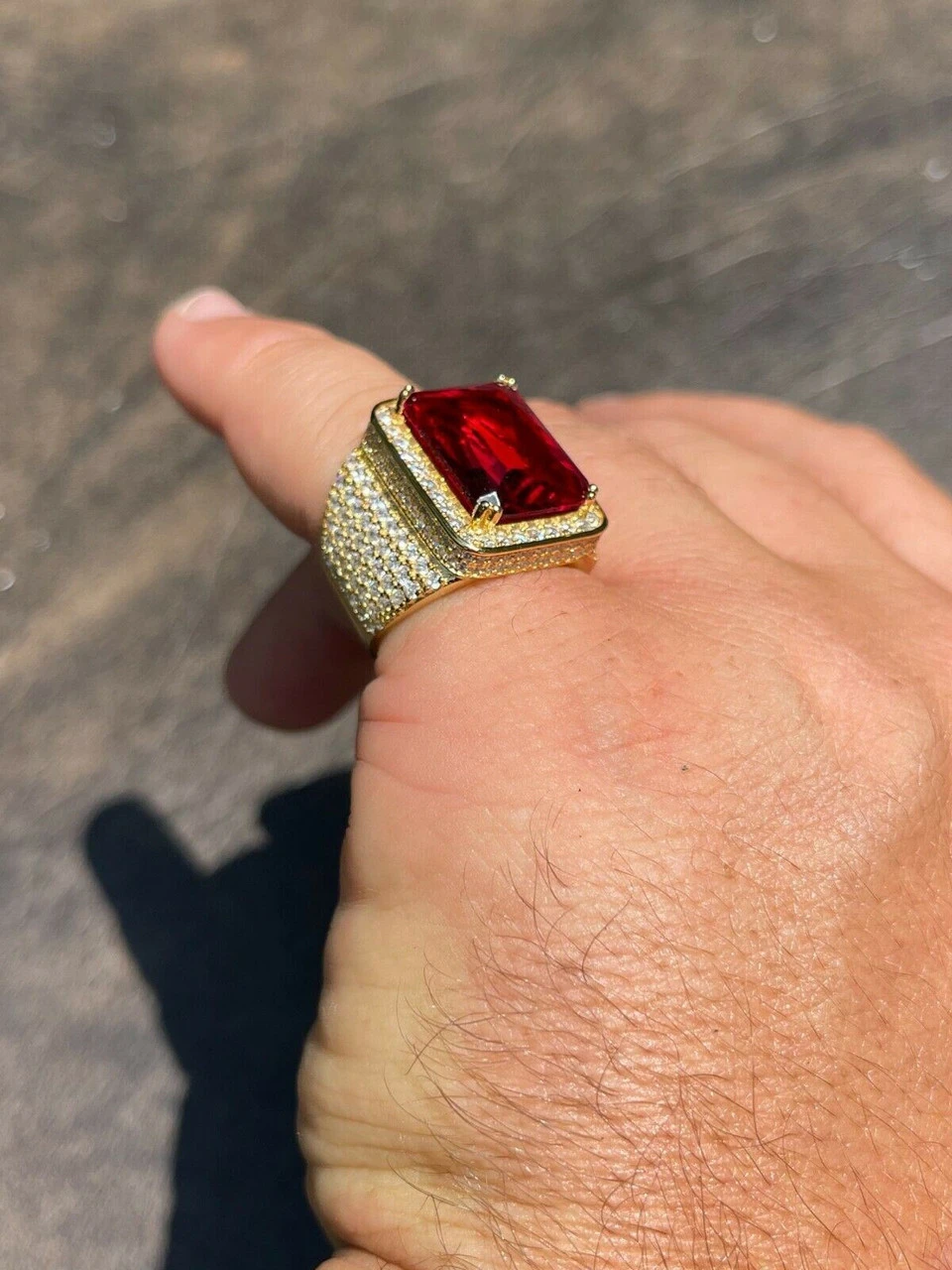 Mens Iced Diamond 14k Gold Vermeil Out Real 925 Silver Ruby Red Stone Big Ring 9 Mens Iced Diamond 14k Gold Vermeil Out Real 925 Silver Ruby Red Stone Big Ring - Image 7