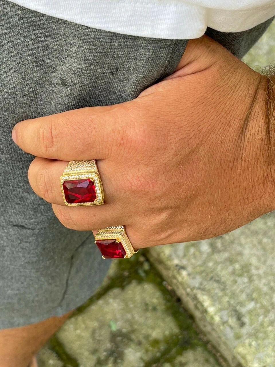 Mens Iced Diamond 14k Gold Vermeil Out Real 925 Silver Ruby Red Stone Big Ring 6 Mens Iced Diamond 14k Gold Vermeil Out Real 925 Silver Ruby Red Stone Big Ring - Image 4