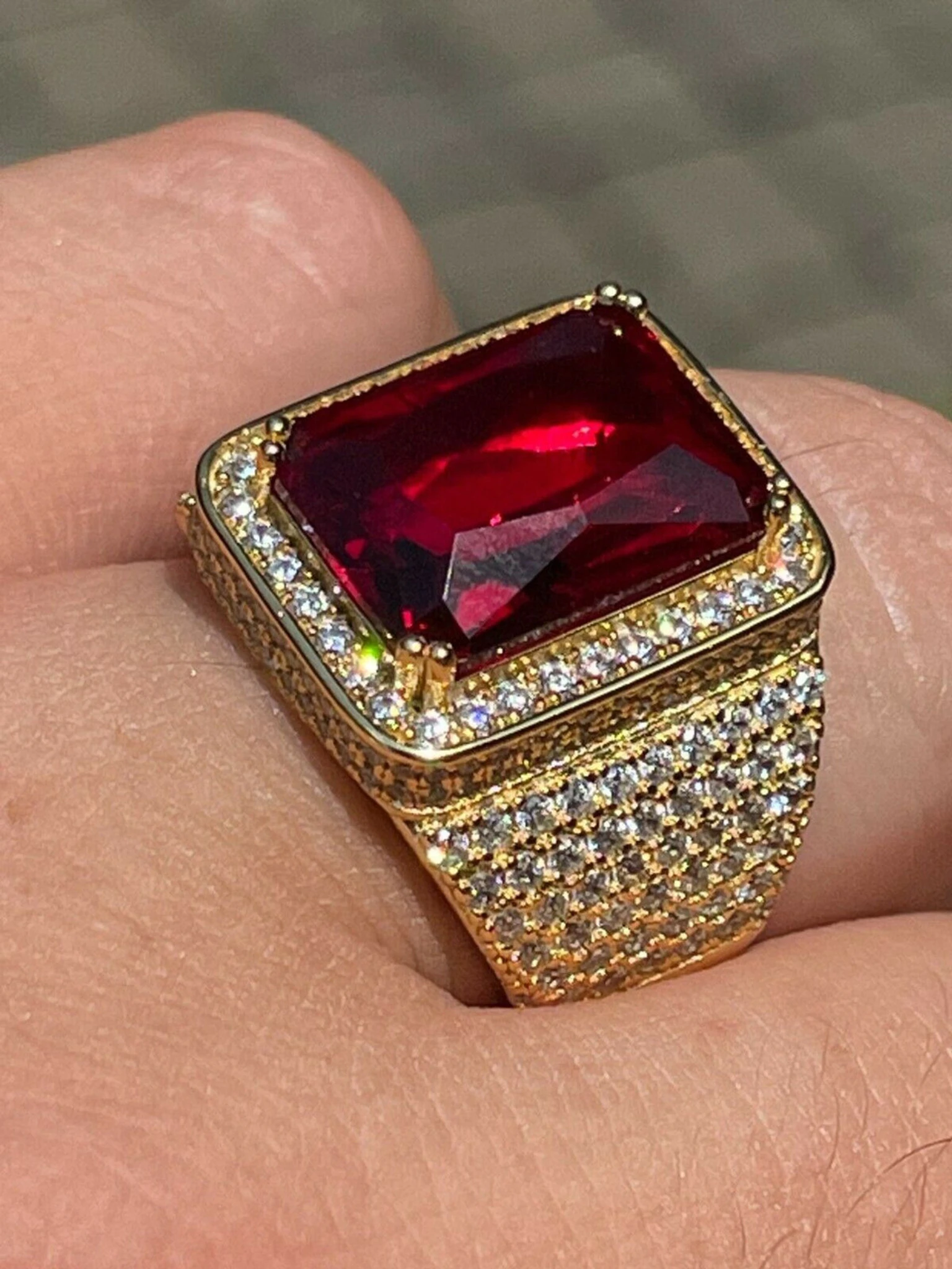 Mens Iced Diamond 14k Gold Vermeil Out Real 925 Silver Ruby Red Stone Big Ring 3 Mens Iced Diamond 14k Gold Vermeil Out Real 925 Silver Ruby Red Stone Big Ring