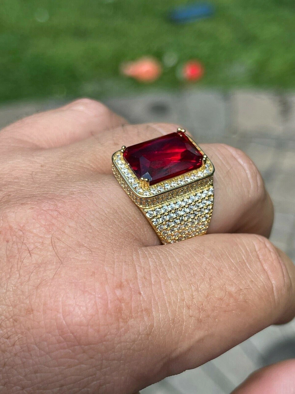 Mens Iced Diamond 14k Gold Vermeil Out Real 925 Silver Ruby Red Stone Big Ring 12 Mens Iced Diamond 14k Gold Vermeil Out Real 925 Silver Ruby Red Stone Big Ring - Image 10