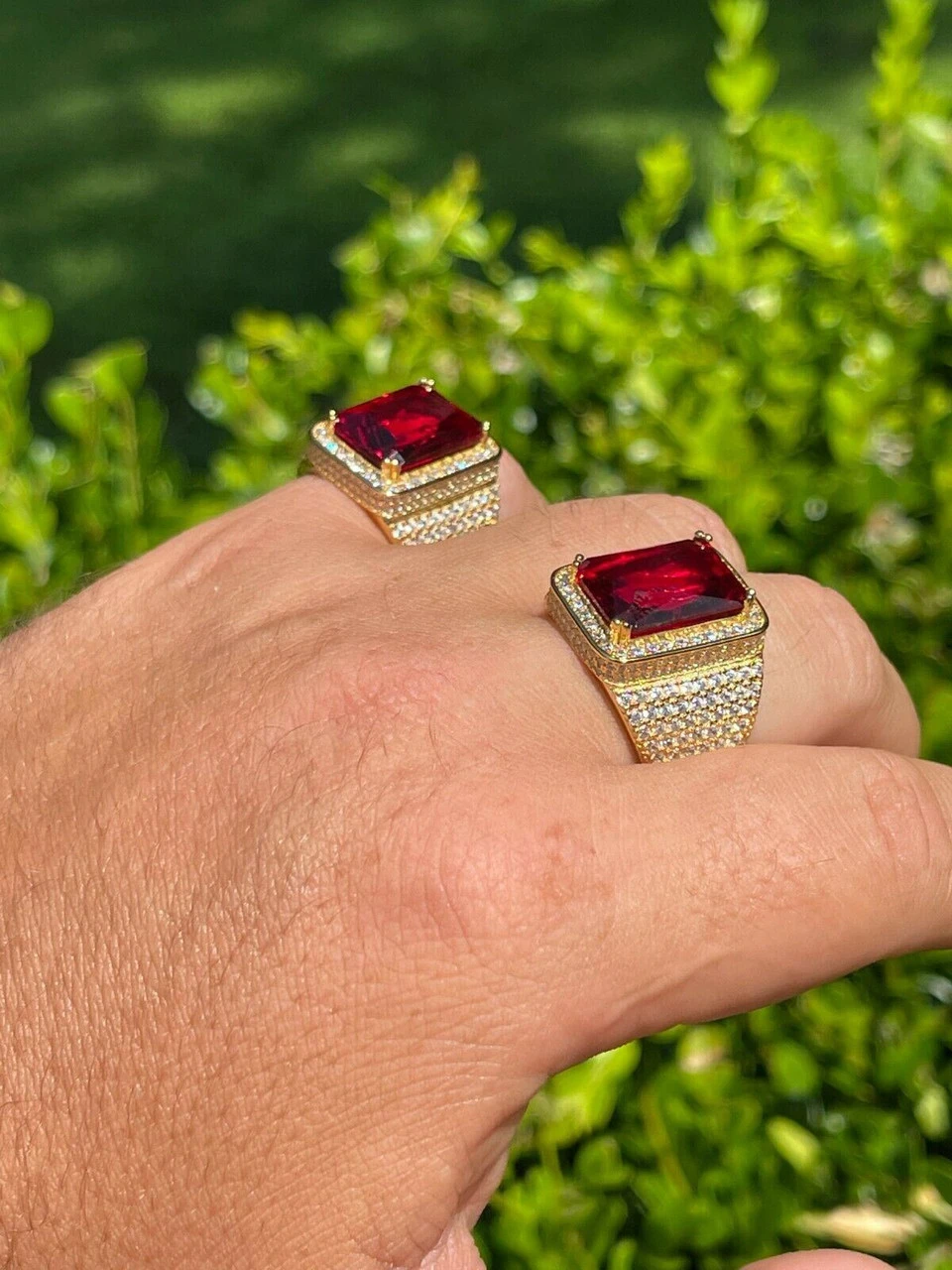 Mens Iced Diamond 14k Gold Vermeil Out Real 925 Silver Ruby Red Stone Big Ring 4 Mens Iced Diamond 14k Gold Vermeil Out Real 925 Silver Ruby Red Stone Big Ring - Image 2