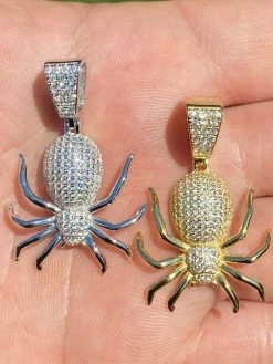 Mens Ladies Real 925 Sterling Silver Spider Pendant Necklace Iced Gold HipHop 1"
