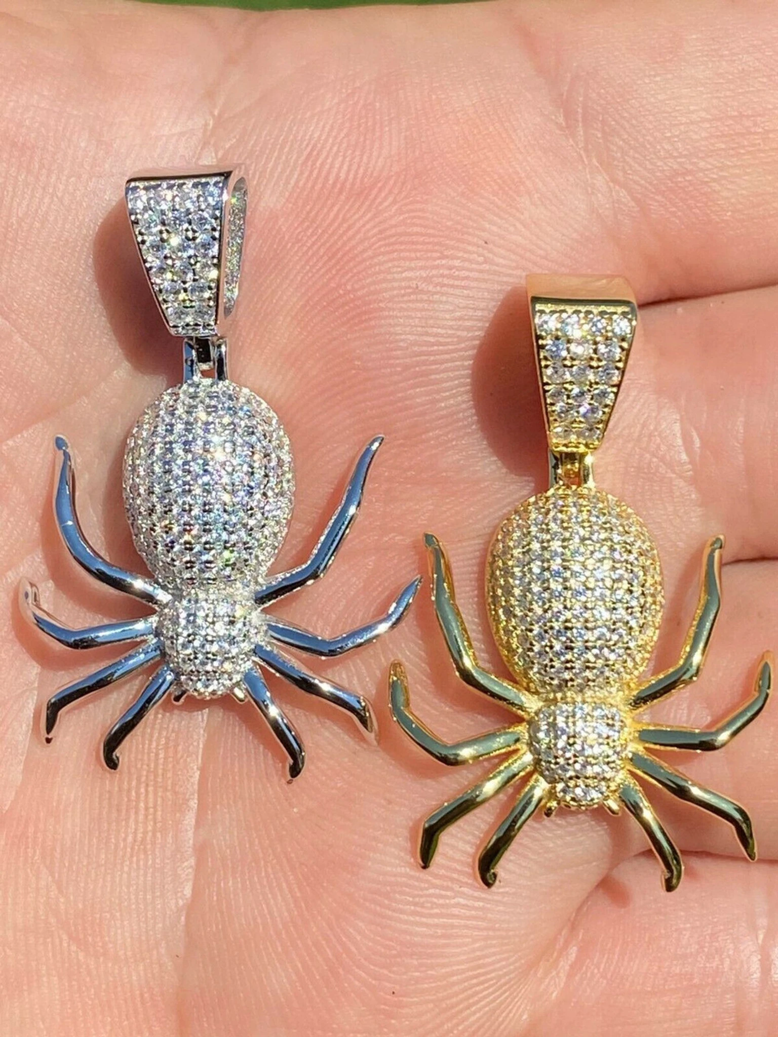Mens Ladies Real 925 Sterling Silver Spider Pendant Necklace Iced Gold HipHop 1" 3 Mens Ladies Real 925 Sterling Silver Spider Pendant Necklace Iced Gold HipHop 1"
