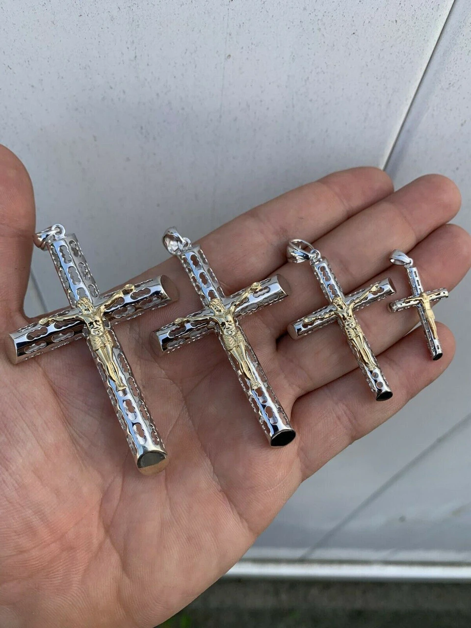 Mens Ladies Solid 925 Silver & 14k Gold Cross Jesus Piece 1-3" ITALY Necklace 4 Mens Ladies Solid 925 Silver & 14k Gold Cross Jesus Piece 1-3" ITALY Necklace - Image 2