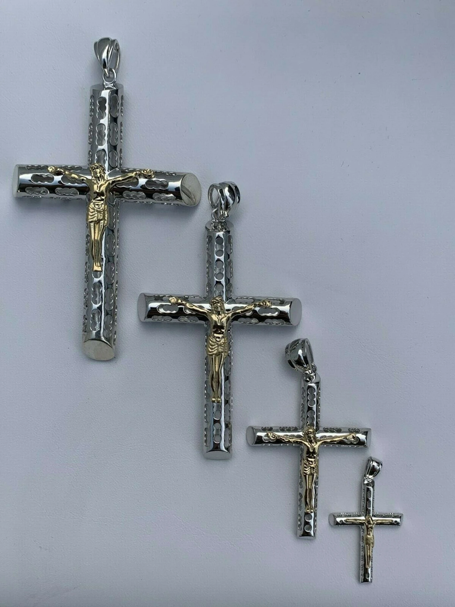 Mens Ladies Solid 925 Silver & 14k Gold Cross Jesus Piece 1-3" ITALY Necklace 3 Mens Ladies Solid 925 Silver & 14k Gold Cross Jesus Piece 1-3" ITALY Necklace