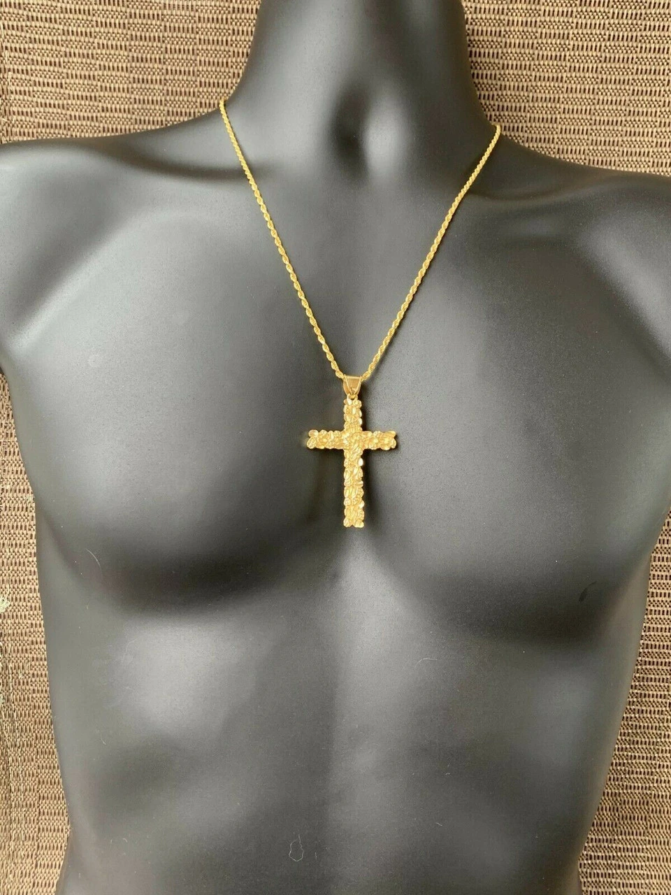 Mens Large 2.25" Gold Nugget Cross 14k Gold Over Solid 925 Silver Necklace Chain 10 Mens Large 2.25" Gold Nugget Cross 14k Gold Over Solid 925 Silver Necklace Chain - Image 8