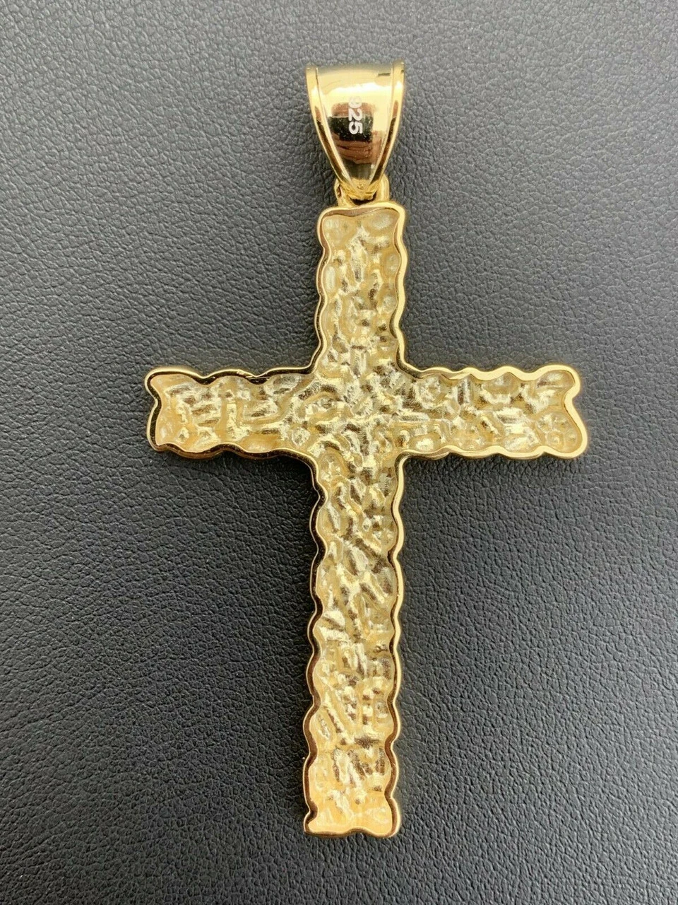 Mens Large 2.25" Gold Nugget Cross 14k Gold Over Solid 925 Silver Necklace Chain 11 Mens Large 2.25" Gold Nugget Cross 14k Gold Over Solid 925 Silver Necklace Chain - Image 9