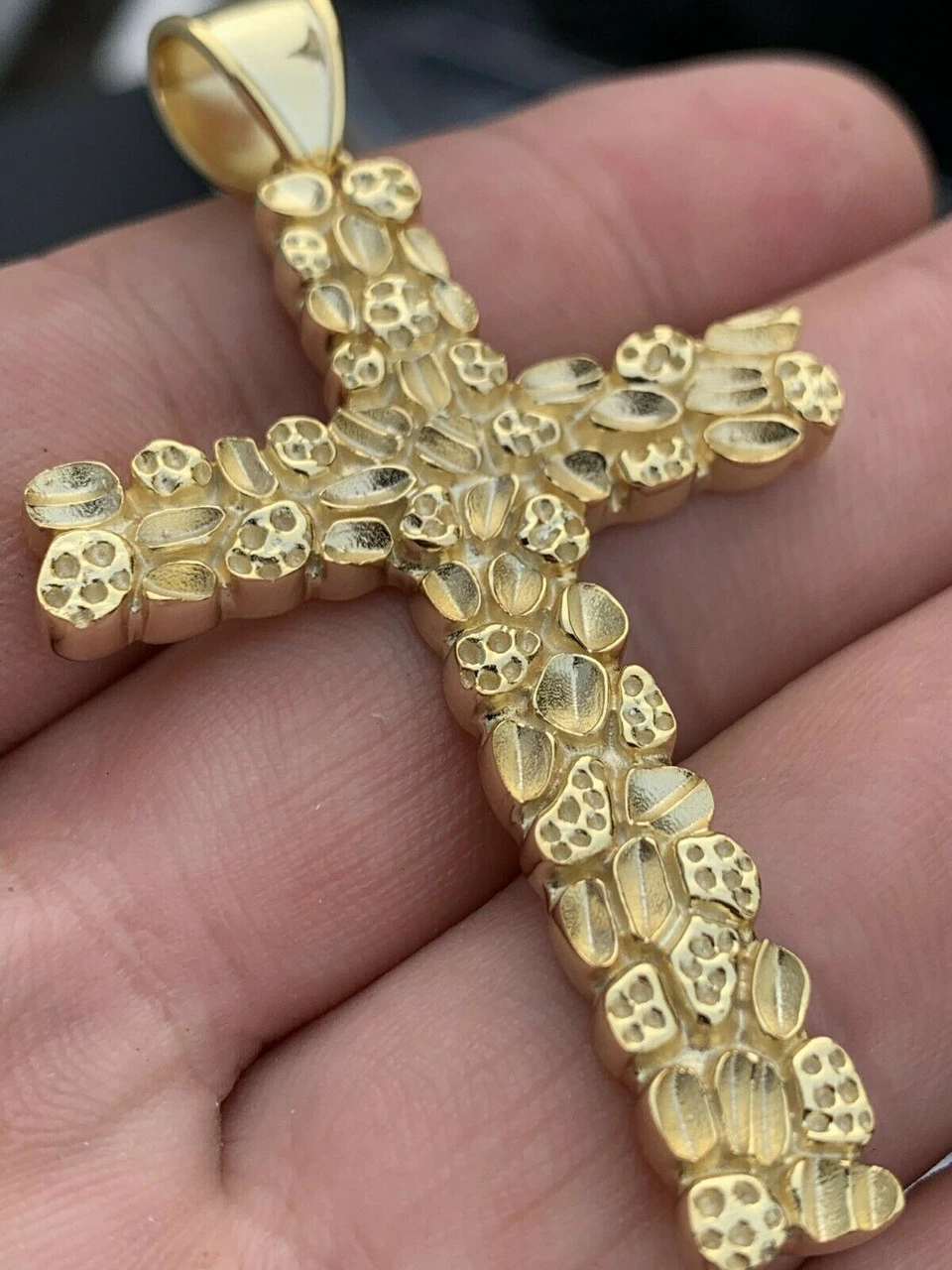 Mens Large 2.25" Gold Nugget Cross 14k Gold Over Solid 925 Silver Necklace Chain 6 Mens Large 2.25" Gold Nugget Cross 14k Gold Over Solid 925 Silver Necklace Chain - Image 4