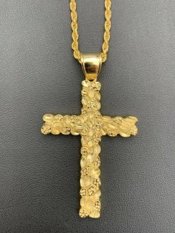 Mens Large 2.25" Gold Nugget Cross 14k Gold Over Solid 925 Silver Necklace Chain 16 Mens Large 2.25" Gold Nugget Cross 14k Gold Over Solid 925 Silver Necklace Chain -Harlem Bling Shop harlembling mens large 2.25 gold nugget cross 14k gold over solid 925 silver necklace chain 58414.1664374576