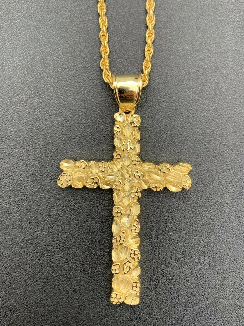 Mens Large 2.25" Gold Nugget Cross 14k Gold Over Solid 925 Silver Necklace Chain 8 Mens Large 2.25" Gold Nugget Cross 14k Gold Over Solid 925 Silver Necklace Chain - Image 6