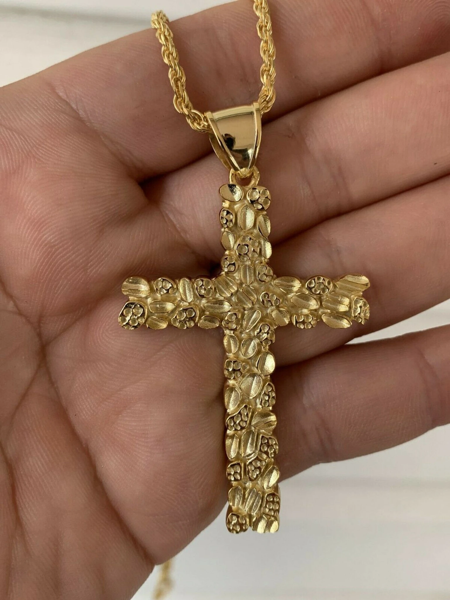 Mens Large 2.25" Gold Nugget Cross 14k Gold Over Solid 925 Silver Necklace Chain 3 Mens Large 2.25" Gold Nugget Cross 14k Gold Over Solid 925 Silver Necklace Chain