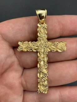 Mens Large 2.25" Gold Nugget Cross 14k Gold Over Solid 925 Silver Necklace Chain 15 Mens Large 2.25" Gold Nugget Cross 14k Gold Over Solid 925 Silver Necklace Chain -Harlem Bling Shop harlembling mens large 2.25 gold nugget cross 14k gold over solid 925 silver necklace chain 66309.1664395202