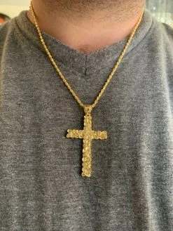 Mens Large 2.25" Gold Nugget Cross 14k Gold Over Solid 925 Silver Necklace Chain 13 Mens Large 2.25" Gold Nugget Cross 14k Gold Over Solid 925 Silver Necklace Chain -Harlem Bling Shop harlembling mens large 2.25 gold nugget cross 14k gold over solid 925 silver necklace chain 76965.1664376523