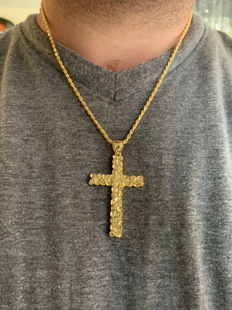 Mens Large 2.25" Gold Nugget Cross 14k Gold Over Solid 925 Silver Necklace Chain 5 Mens Large 2.25" Gold Nugget Cross 14k Gold Over Solid 925 Silver Necklace Chain - Image 3