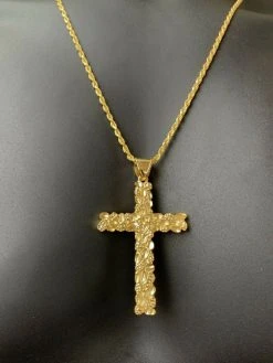 Mens Large 2.25" Gold Nugget Cross 14k Gold Over Solid 925 Silver Necklace Chain 17 Mens Large 2.25" Gold Nugget Cross 14k Gold Over Solid 925 Silver Necklace Chain -Harlem Bling Shop harlembling mens large 2.25 gold nugget cross 14k gold over solid 925 silver necklace chain 85089.1664378288