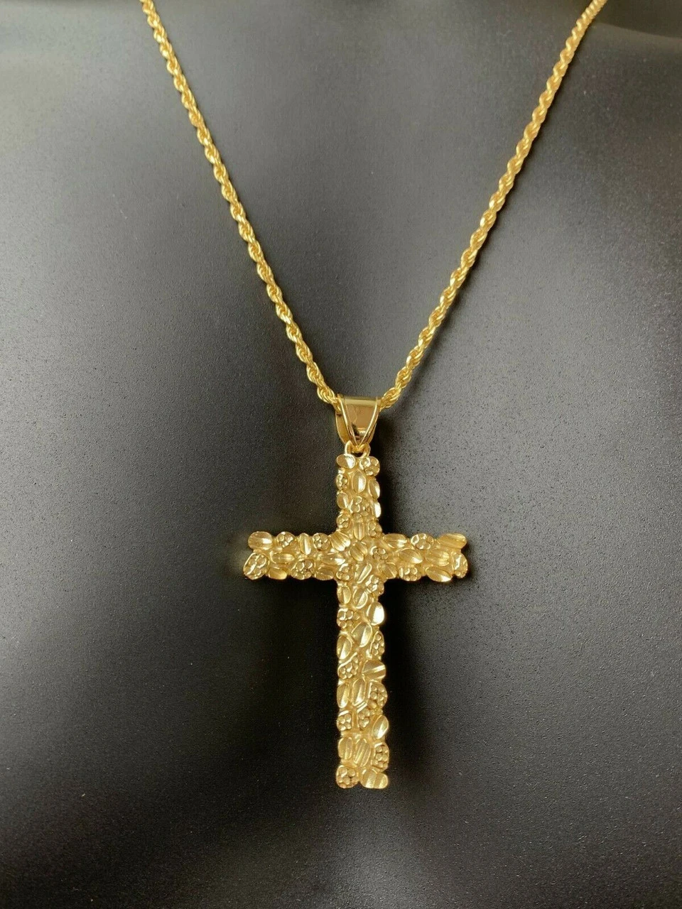 Mens Large 2.25" Gold Nugget Cross 14k Gold Over Solid 925 Silver Necklace Chain 9 Mens Large 2.25" Gold Nugget Cross 14k Gold Over Solid 925 Silver Necklace Chain - Image 7