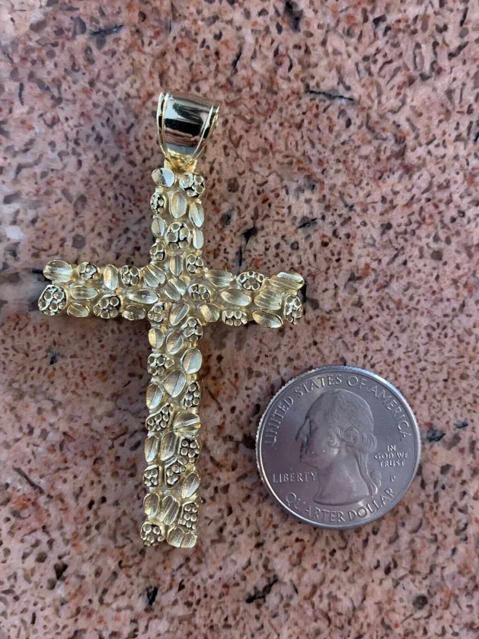 Mens Large 2.25" Gold Nugget Cross 14k Gold Over Solid 925 Silver Necklace Chain 4 Mens Large 2.25" Gold Nugget Cross 14k Gold Over Solid 925 Silver Necklace Chain - Image 2