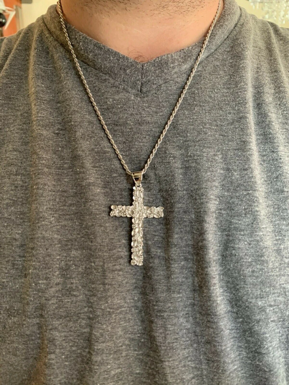 Mens Large 2.25" Solid 925 Sterling Silver Nugget Cross Pendant Crucifix Chain 10 Mens Large 2.25" Solid 925 Sterling Silver Nugget Cross Pendant Crucifix Chain - Image 8