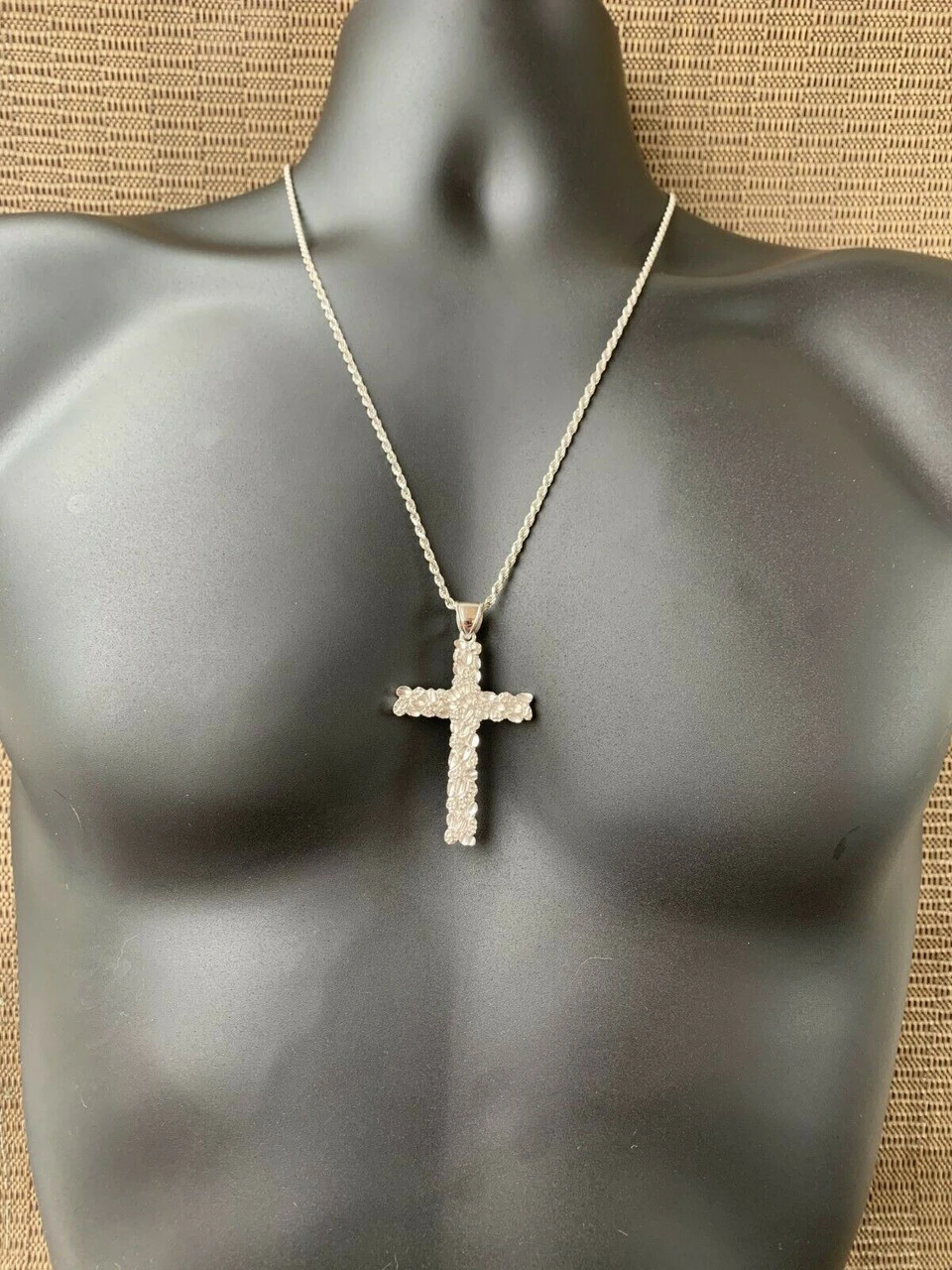 Mens Large 2.25" Solid 925 Sterling Silver Nugget Cross Pendant Crucifix Chain 6 Mens Large 2.25" Solid 925 Sterling Silver Nugget Cross Pendant Crucifix Chain - Image 4