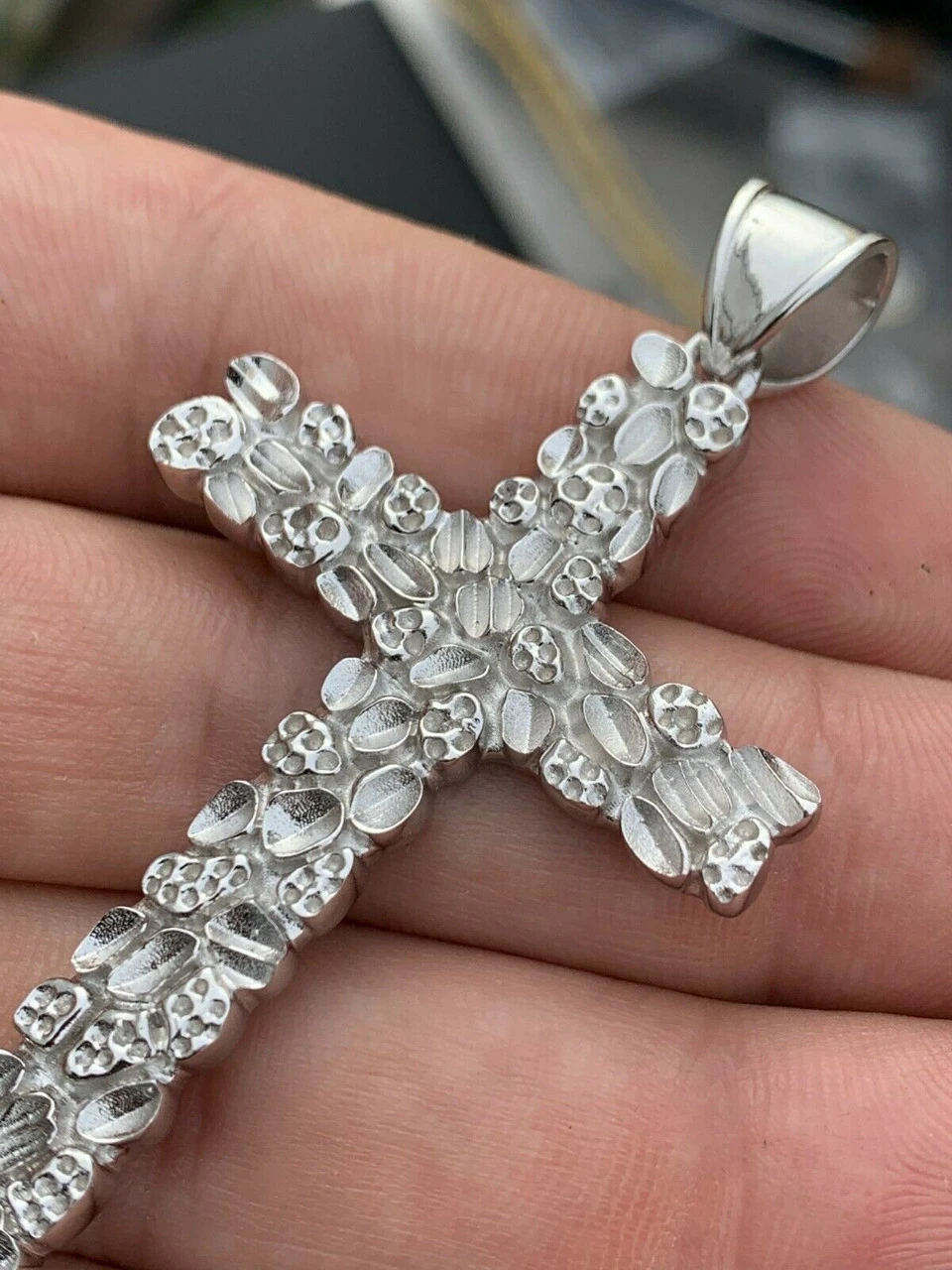 Mens Large 2.25" Solid 925 Sterling Silver Nugget Cross Pendant Crucifix Chain 5 Mens Large 2.25" Solid 925 Sterling Silver Nugget Cross Pendant Crucifix Chain - Image 3