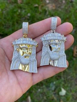 Men's Large 925 Silver / Gold Jesus Piece Iced Hip Hop Necklace Baguette Diamond -Harlem Bling Shop harlembling mens large 925 silver gold jesus piece iced hip hop necklace baguette diamond 04370.1664378295