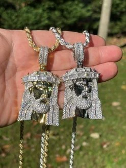 Men's Large 925 Silver / Gold Jesus Piece Iced Hip Hop Necklace Baguette Diamond -Harlem Bling Shop harlembling mens large 925 silver gold jesus piece iced hip hop necklace baguette diamond 04693.1664389582