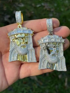 Men's Large 925 Silver / Gold Jesus Piece Iced Hip Hop Necklace Baguette Diamond -Harlem Bling Shop harlembling mens large 925 silver gold jesus piece iced hip hop necklace baguette diamond 69532.1664380091