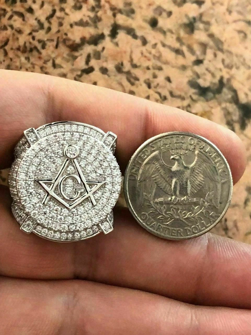 Men's Large Solid 925 Silver 3ct Iced Diamond Masonic Free Mason RING 14k Gold 11 Men's Large Solid 925 Silver 3ct Iced Diamond Masonic Free Mason RING 14k Gold - Image 9
