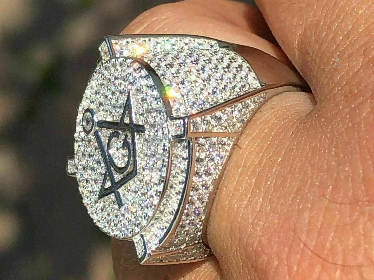 Men's Large Solid 925 Silver 3ct Iced Diamond Masonic Free Mason RING 14k Gold 14 Men's Large Solid 925 Silver 3ct Iced Diamond Masonic Free Mason RING 14k Gold - Image 12