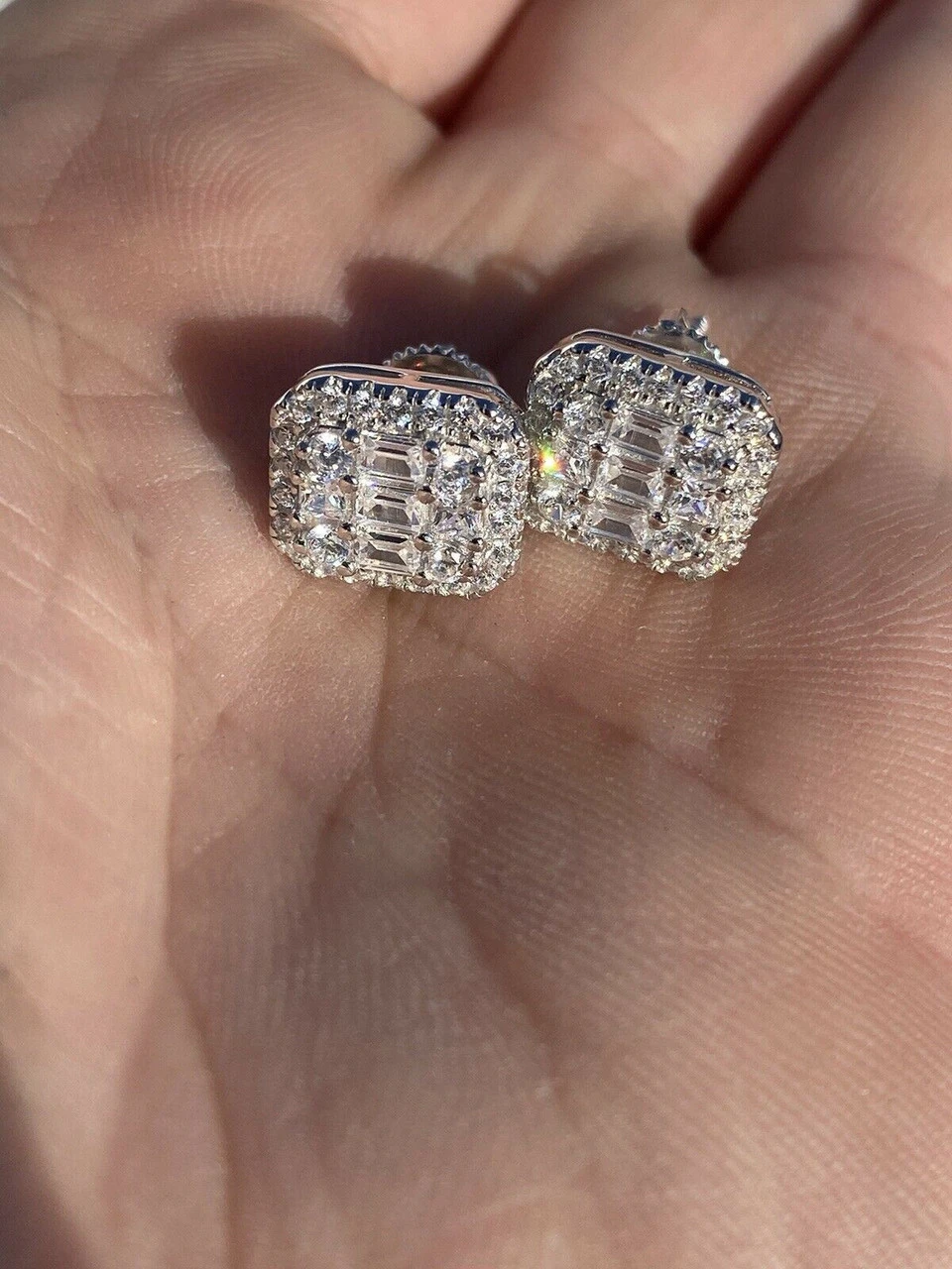 Men’s Moissanite Iced Silver Baguette Hip Hop Earrings Studs Pass Diamond Tester 7 Men’s Moissanite Iced Silver Baguette Hip Hop Earrings Studs Pass Diamond Tester - Image 5