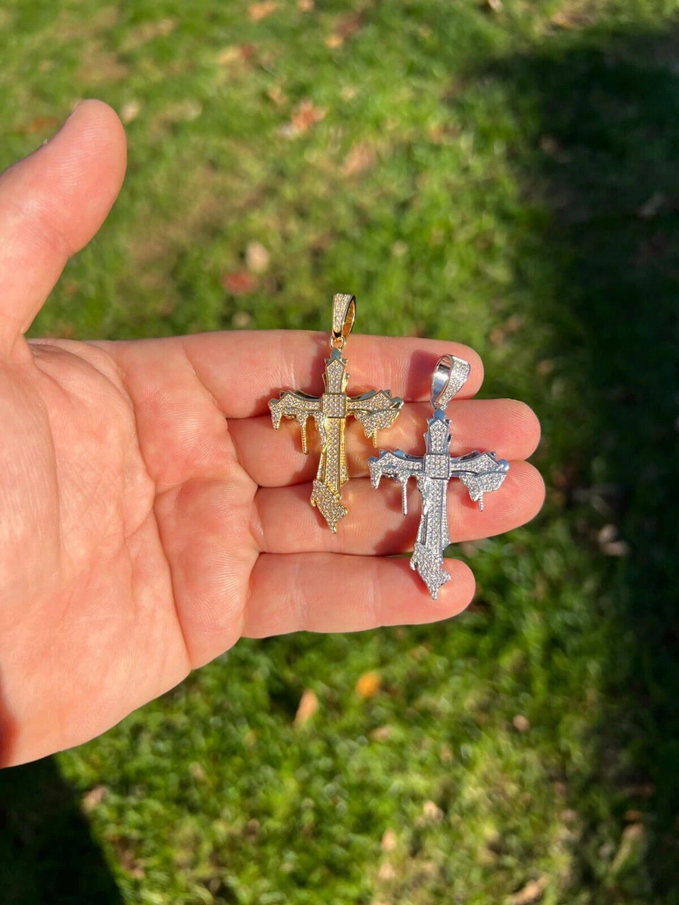 Mens MOISSANITE Real 925 Silver Gold Plated Dripping Cross Iced Pendant Necklace 10 Mens MOISSANITE Real 925 Silver Gold Plated Dripping Cross Iced Pendant Necklace - Image 8