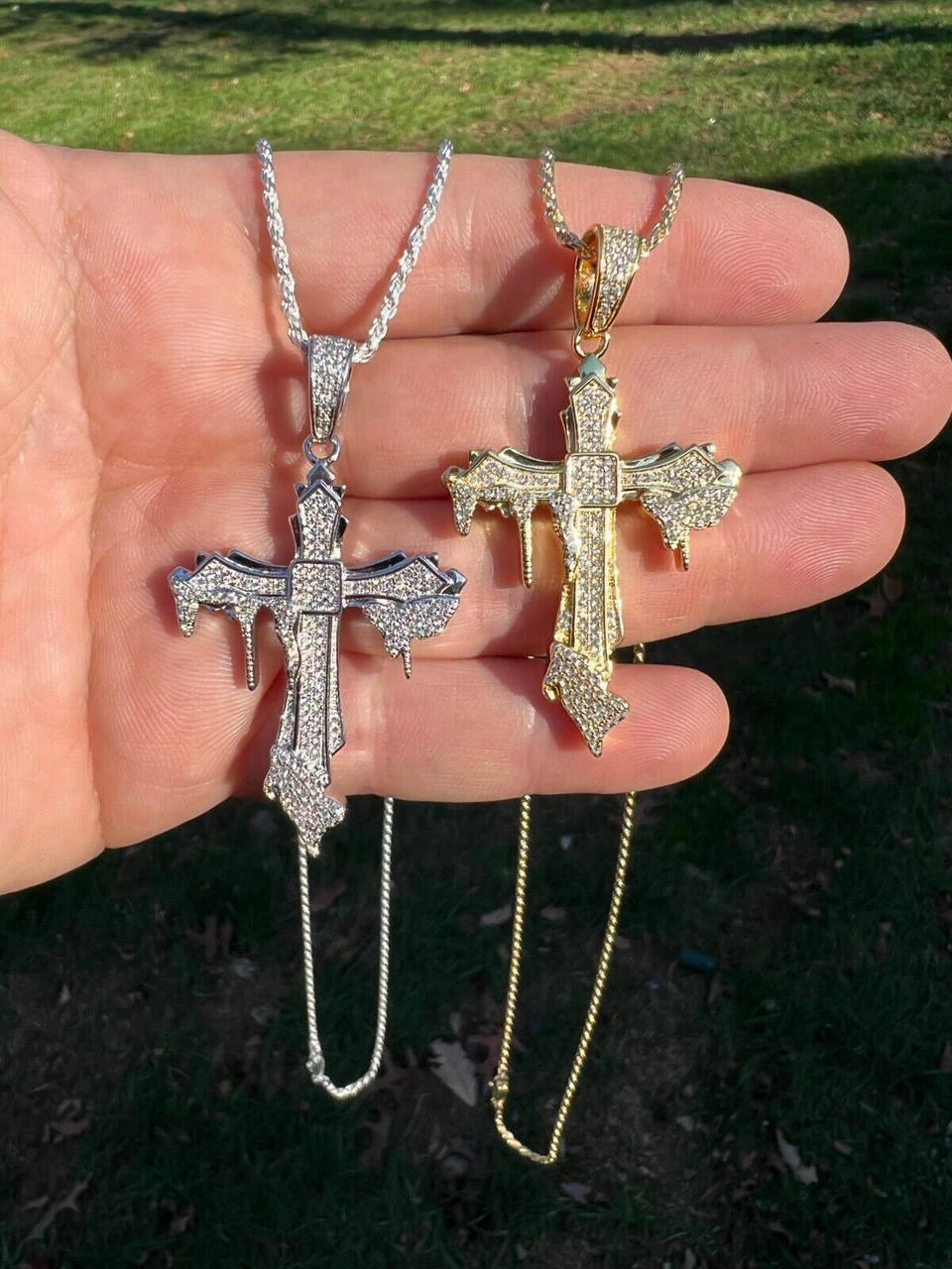 Mens MOISSANITE Real 925 Silver Gold Plated Dripping Cross Iced Pendant Necklace 8 Mens MOISSANITE Real 925 Silver Gold Plated Dripping Cross Iced Pendant Necklace - Image 6