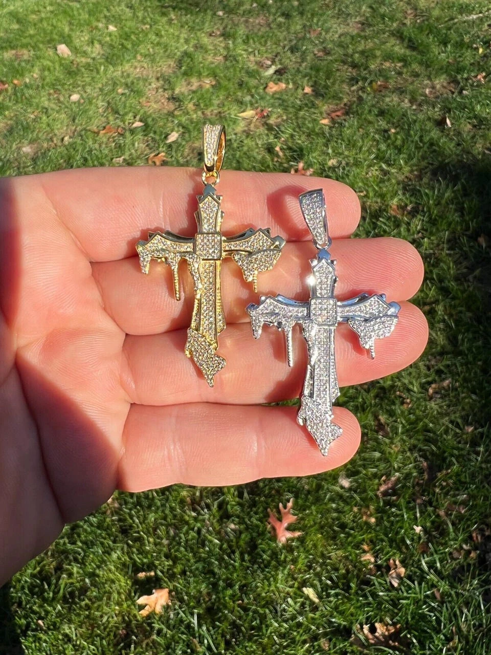 Mens MOISSANITE Real 925 Silver Gold Plated Dripping Cross Iced Pendant Necklace 11 Mens MOISSANITE Real 925 Silver Gold Plated Dripping Cross Iced Pendant Necklace - Image 9