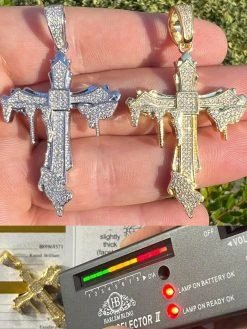 Mens MOISSANITE Real 925 Silver Gold Plated Dripping Cross Iced Pendant Necklace