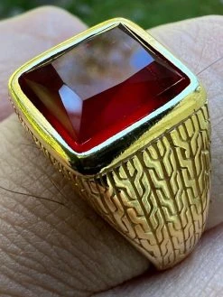 Mens Plain Real 14k Gold Plated 925 Silver Simulated Ruby Red Gem Stone Ring CZ
